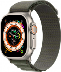 Смарт-часы Apple Watch Ultra LTE 49 мм (титановый корпус, титановый/темно-зеленый, текстильный ремешок размера L) - фото