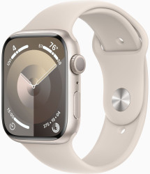 Умные часы Apple Watch Series 9 45 мм (алюминиевый корпус, звездный свет/звездный свет, спортивный силиконовый ремешок S/M) - фото