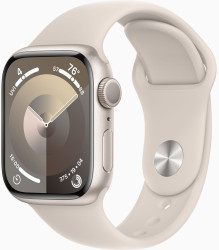 Умные часы Apple Watch Series 9 41 мм (алюминиевый корпус, звездный свет/звездный свет, спортивный силиконовый ремешок S/M) - фото