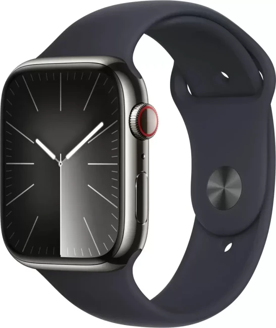 Умные часы Apple Watch Series 9 LTE 45 мм (корпус из нержавеющей стали, графит/полуночный, спортивный силиконовый ремешок M/L) - фото