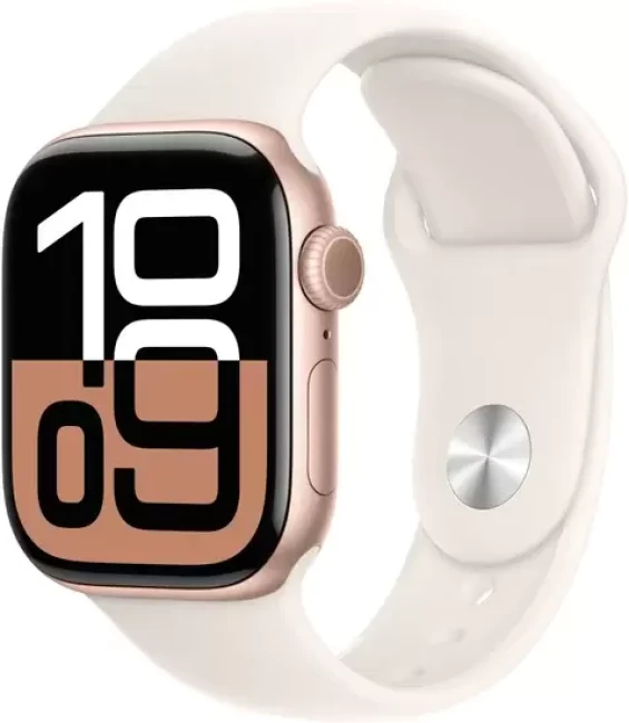 Умные часы Apple Watch Series 10 42 мм (алюминиевый корпус, розовое золото/звездный свет, спортивный силиконовый ремешок M/L) - фото