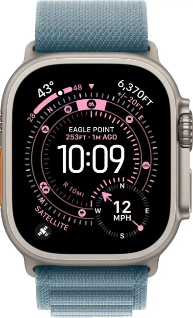 Умные часы Apple Watch Ultra 3 LTE 49 мм (титановый корпус, природный/голубой, текстильный ремешок размера S) - фото2