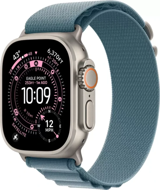 Умные часы Apple Watch Ultra 3 LTE 49 мм (титановый корпус, природный/голубой, текстильный ремешок размера S) - фото