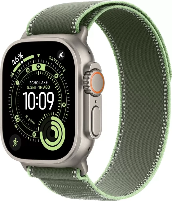 Умные часы Apple Watch Ultra 3 LTE 49 мм (титановый корпус, природный/зеленый, нейлоновый ремешок размера M/L) - фото