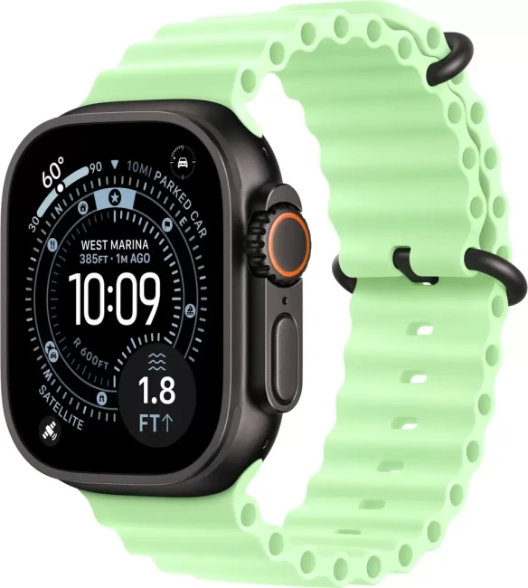 Умные часы Apple Watch Ultra 3 LTE 49 мм (титановый корпус, черный/салатовый, ремешок из эластомера) - фото