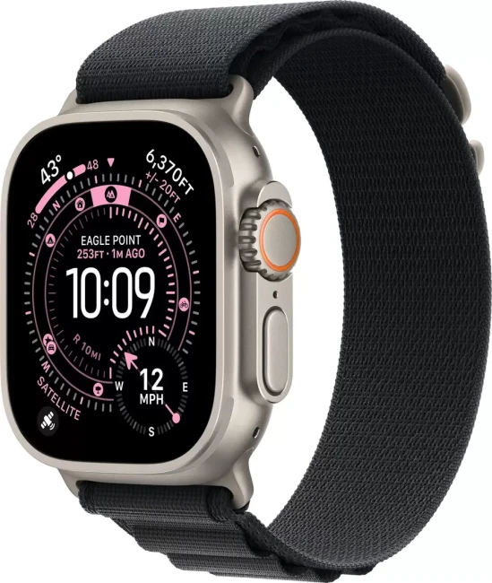 Умные часы Apple Watch Ultra 3 LTE 49 мм (титановый корпус, природный/черный, текстильный ремешок размера L) - фото