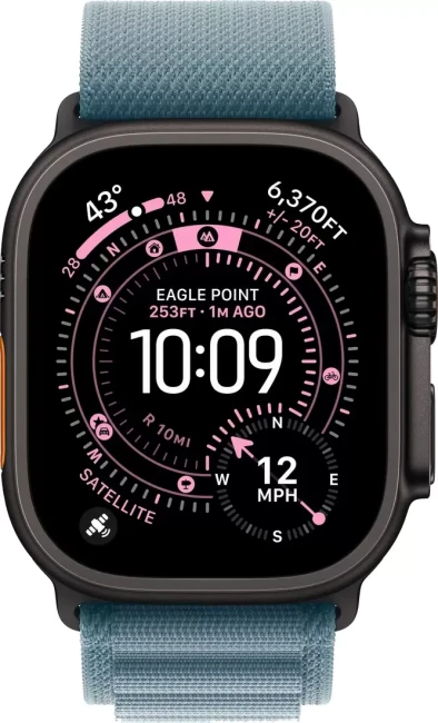 Умные часы Apple Watch Ultra 3 LTE 49 мм (титановый корпус, черный/голубой, текстильный ремешок размера M) - фото2