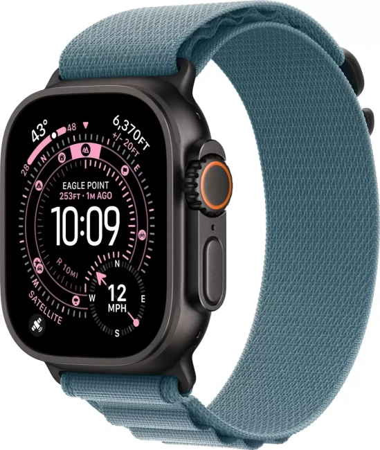 Умные часы Apple Watch Ultra 3 LTE 49 мм (титановый корпус, черный/голубой, текстильный ремешок размера M) - фото