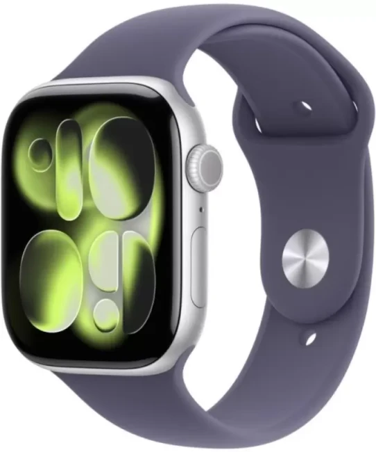Умные часы Apple Watch Series 11 42 мм (алюминиевый корпус, серебристый/фиолетовый, спортивный силиконовый ремешок M/L) - фото