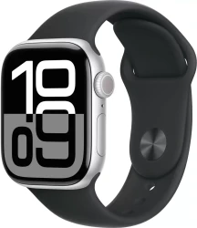 Умные часы Apple Watch Series 10 46 мм (алюминиевый корпус, серебристый/черный, спортивный силиконовый ремешок S/M) - фото