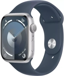 Умные часы Apple Watch Series 9 45 мм (алюминиевый корпус, серебристый/грозовой синий, спортивный силиконовый ремешок M/L) - фото