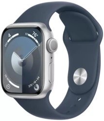 Умные часы Apple Watch Series 9 41 мм (алюминиевый корпус, серебристый/грозовой синий, спортивный силиконовый ремешок) - фото