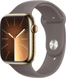 Умные часы Apple Watch Series 9 LTE 45 мм (корпус из нержавеющей стали, золотистый/темно-серый, спортивный силиконовый ремешок M/L) - фото