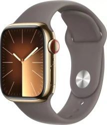 Умные часы Apple Watch Series 9 LTE 41 мм (корпус из нержавеющей стали, золотистый/темно-серый, спортивный силиконовый ремешок S/M) - фото