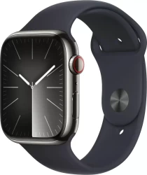 Умные часы Apple Watch Series 9 LTE 45 мм (корпус из нержавеющей стали, графит/полуночный, спортивный силиконовый ремешок M/L) - фото